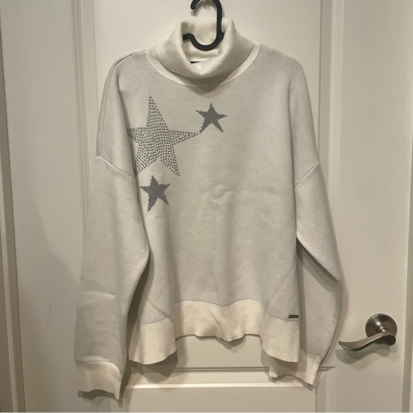 DKNY y2k snow white turtleneck metallic beaded silver star oversized sweater - Picture 3 of 5
